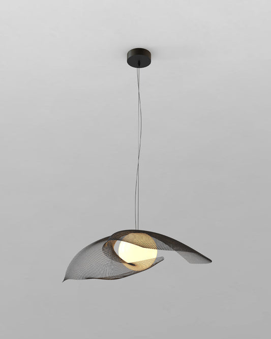 Lámpara colgante de diseño moderno con rejilla metálica negra y luz cálida, Birot MX iluminación.