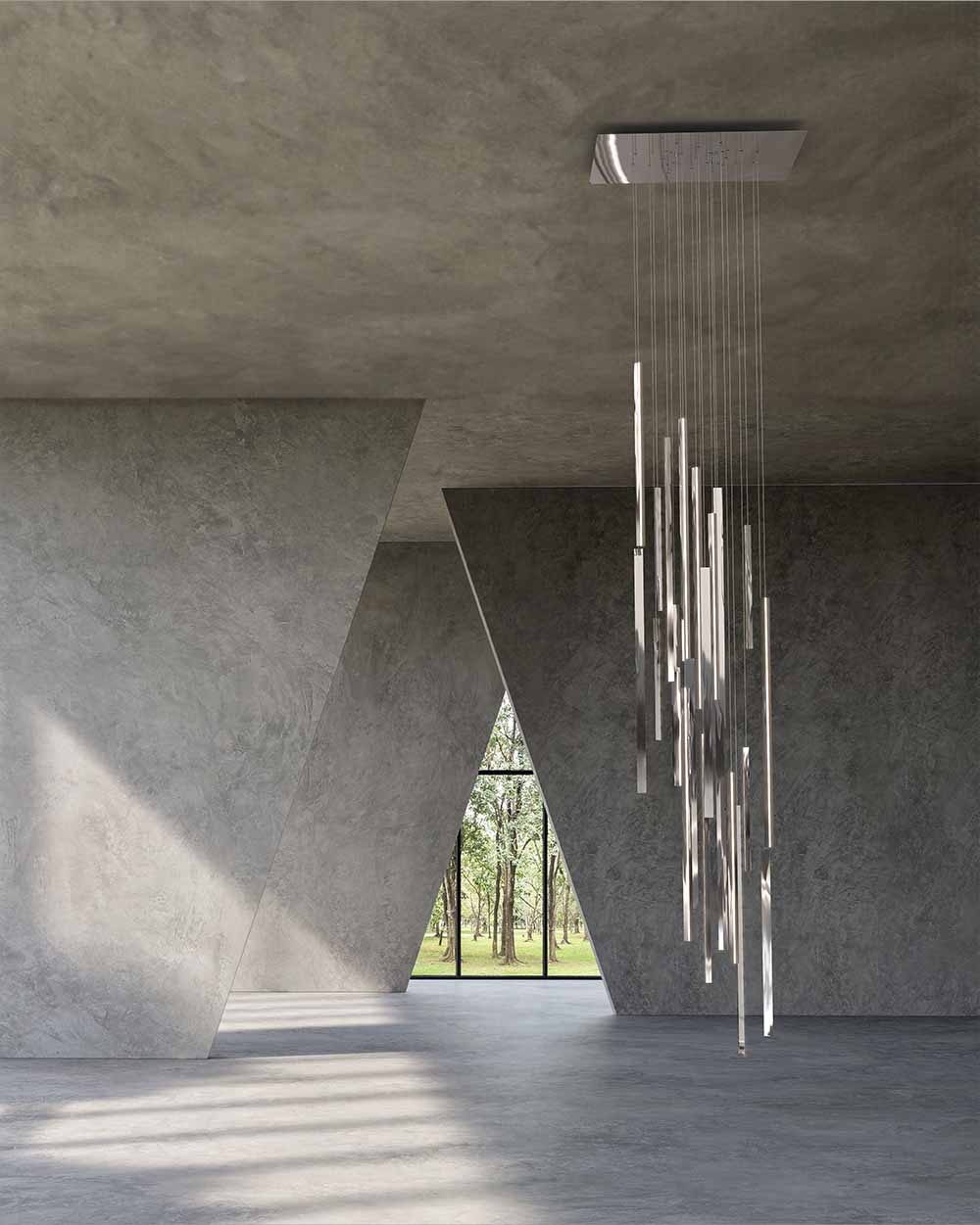 Lámpara de techo moderna colgante en sala minimalista con paredes de concreto y ventana triangular