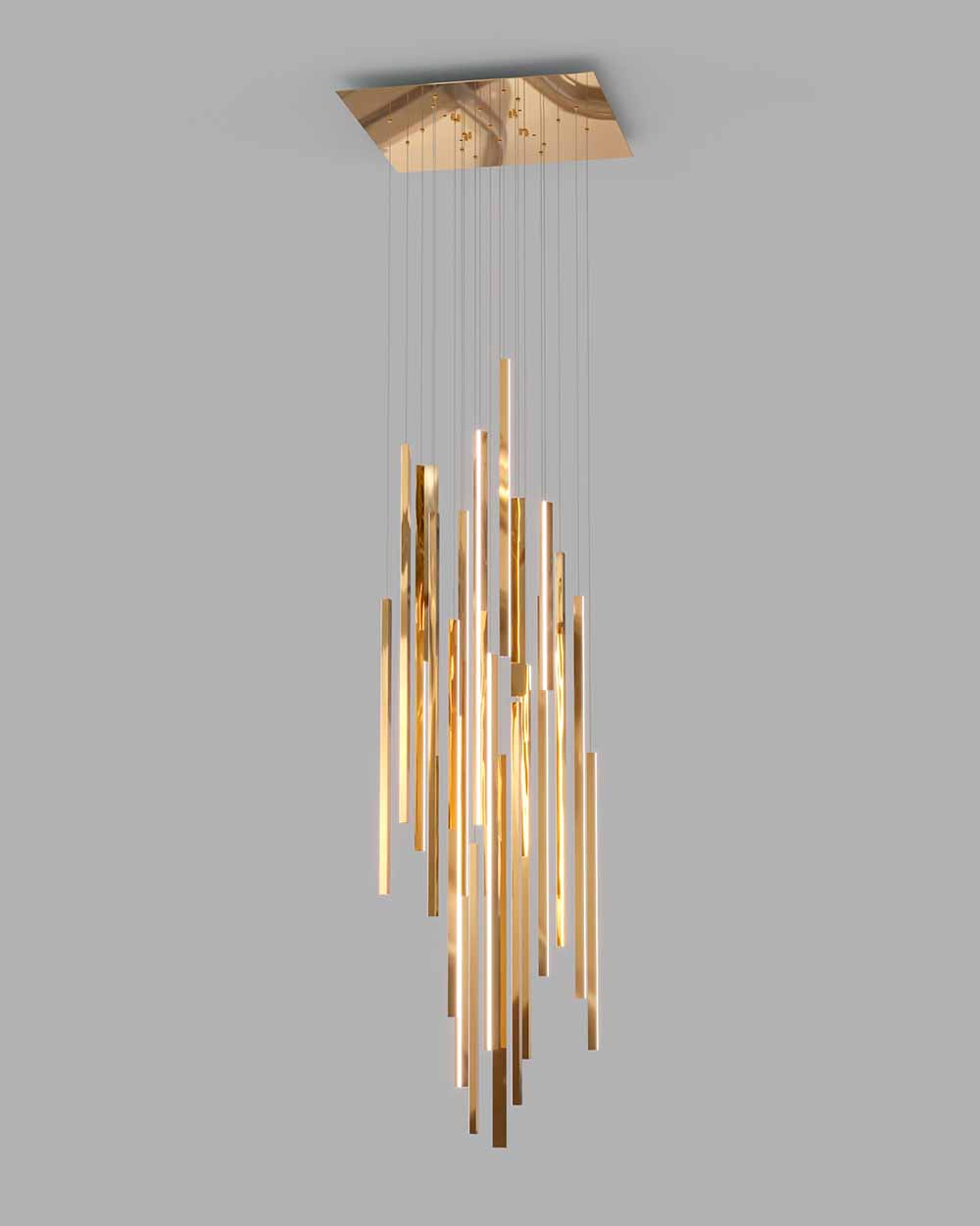 Lámpara de techo moderna con colgantes dorados de diseño elegante para interiores.