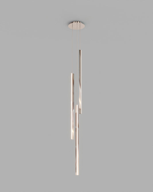 Lámpara colgante moderna LED de tubos metálicos, ideal para iluminación decorativa.