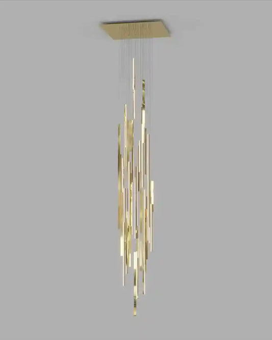 Lámpara de techo colgante moderna dorada, diseño de barras metálicas, iluminación decorativa.