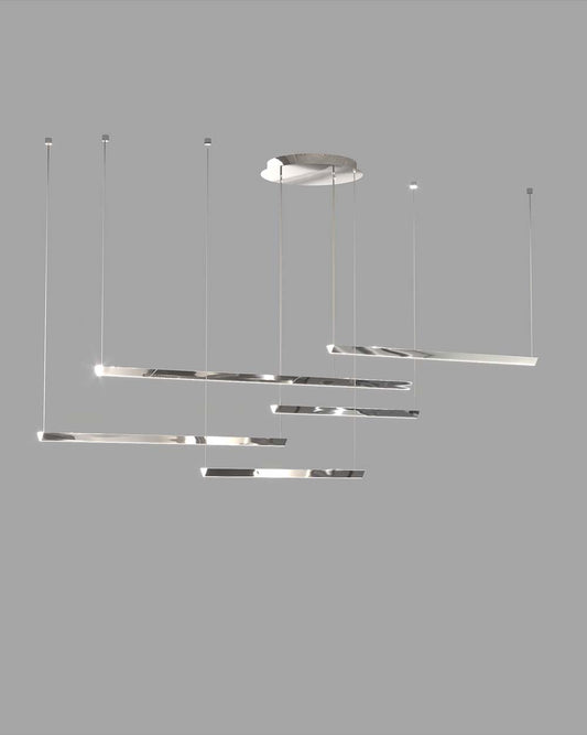 Lámpara colgante moderna de metal plateado con varillas horizontales para iluminación decorativa
