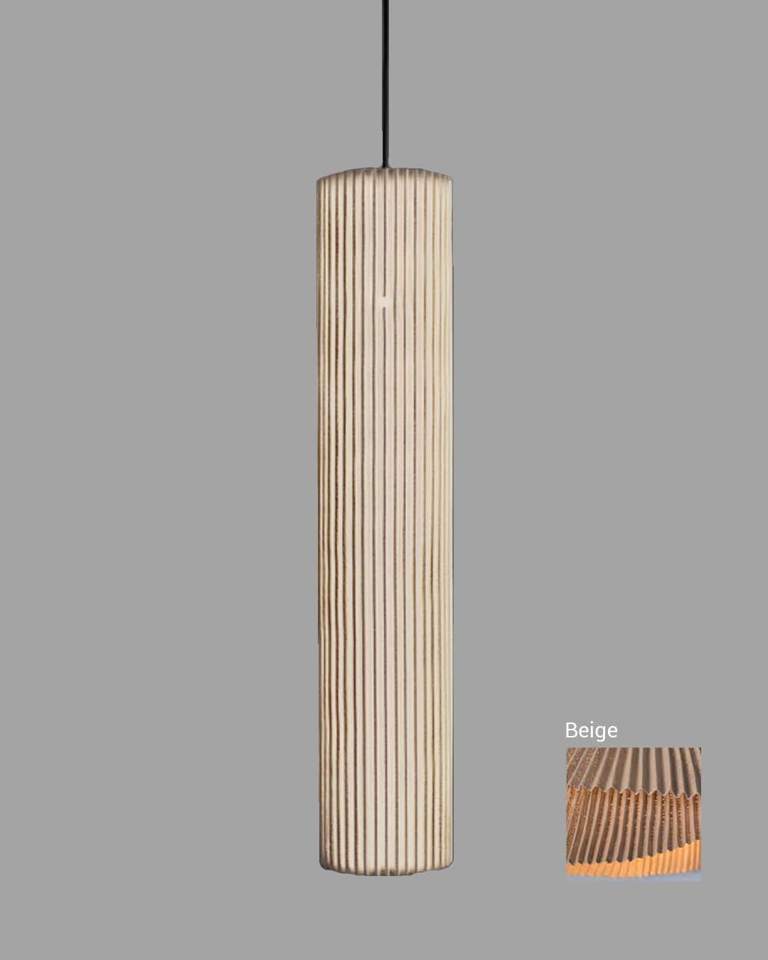 Lámpara colgante Nua grande en malla de acero beige con diseño cilíndrico minimalista.