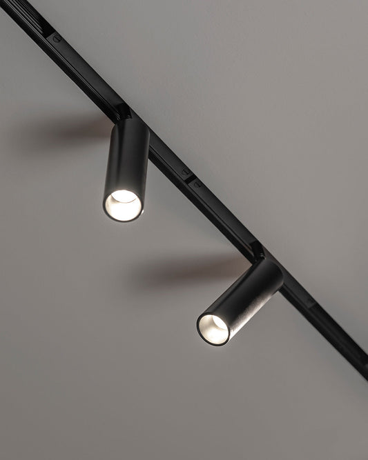 Lámpara de riel negra con dos focos cilíndricos LED para iluminación interior moderna