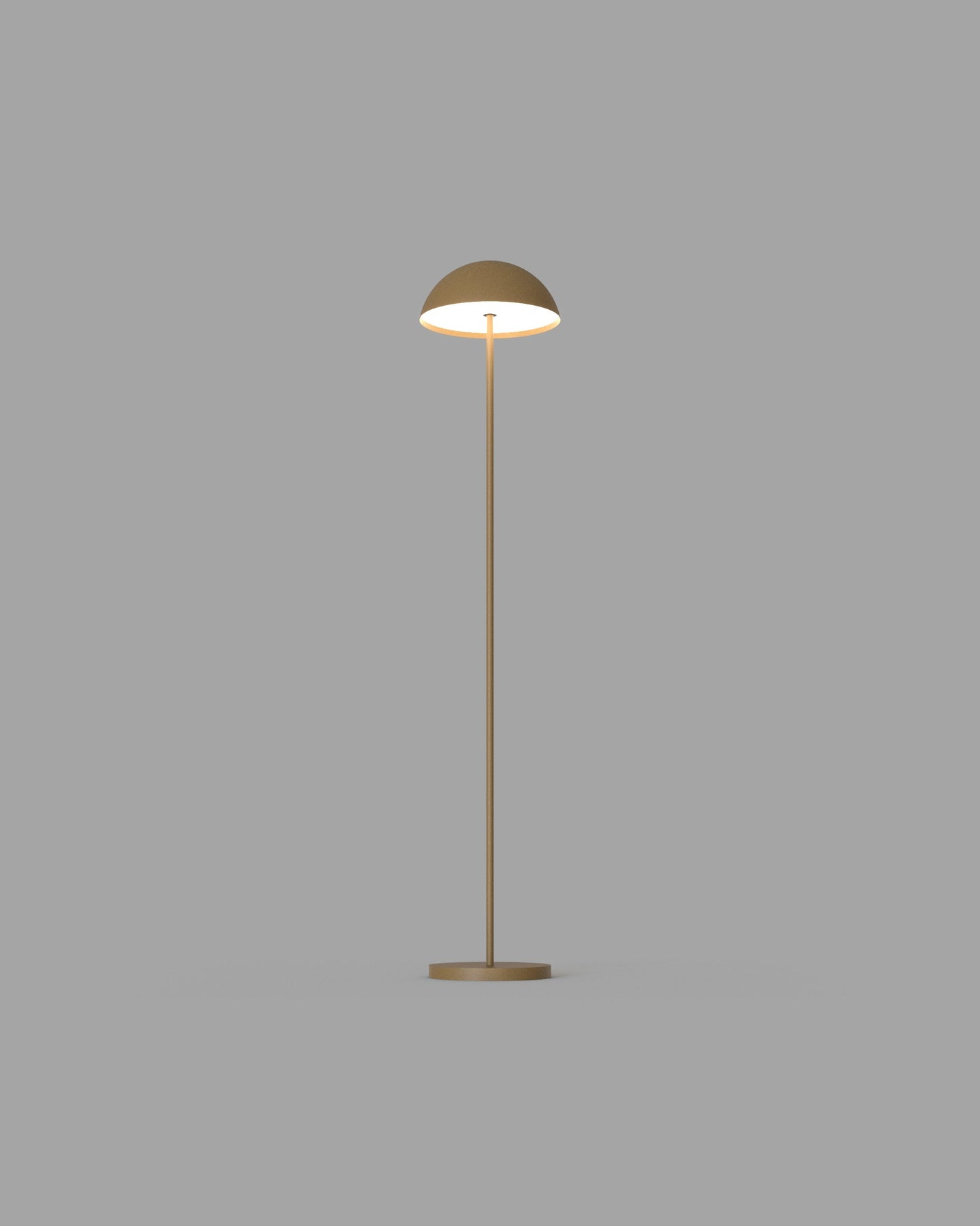 Lámpara de pie Setto Floor en acabado café mate con luz cálida LED encendida.