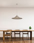 Lámpara colgante moderna sobre mesa de madera en comedor minimalista con sillas y planta decorativa.