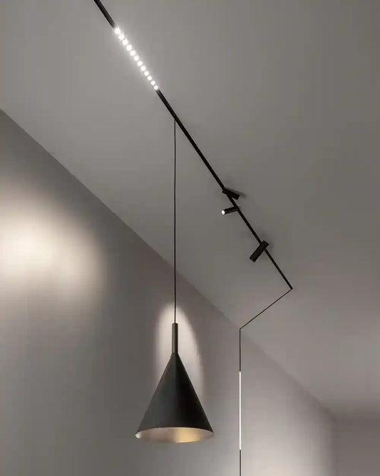 Lámpara colgante de diseño moderno y riel de focos LED en techo, Birot MX iluminación