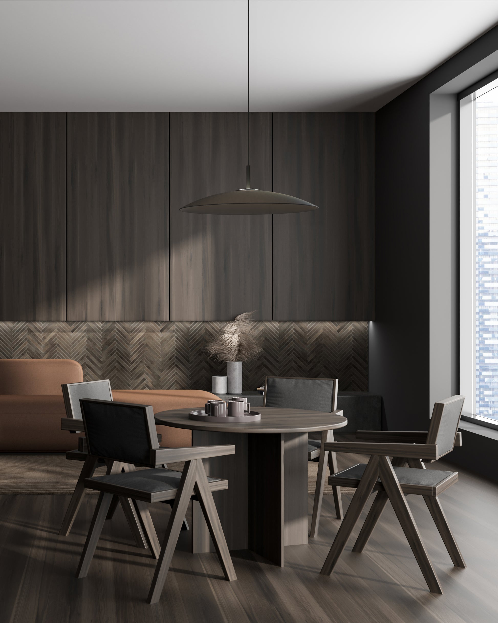 Lámpara suspendida moderna sobre mesa y sillas de diseño en comedor minimalista, Birot MX iluminación.