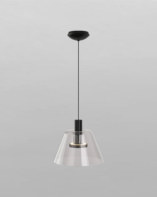 Lámpara colgante de techo con pantalla de vidrio transparente y detalles en negro, estilo moderno.