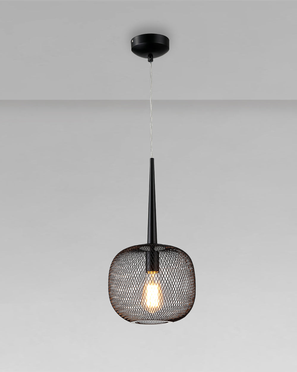 Lámpara colgante negra de malla metálica con foco expuesto, iluminación decorativa moderna