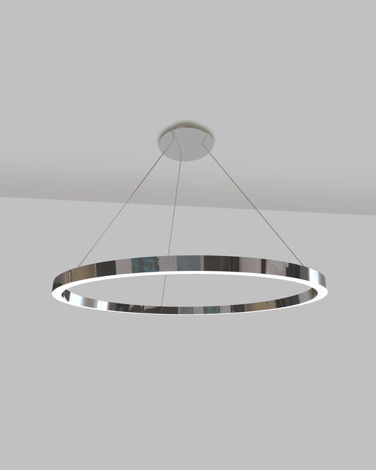 Lámpara colgante circular de techo cromada, diseño moderno para iluminación interior.