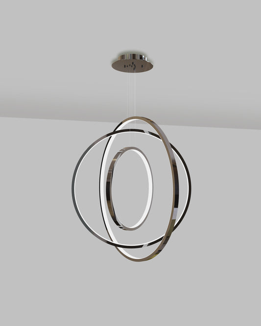 Lámpara de techo LED moderna con aros circulares metálicos suspendidos, diseño minimalista.
