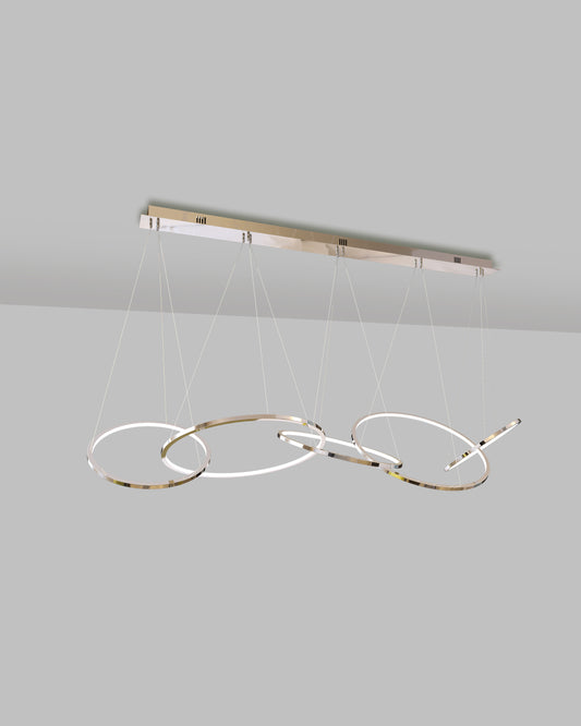 lámpara colgante moderna de techo con aros metálicos cromados para sala o comedor