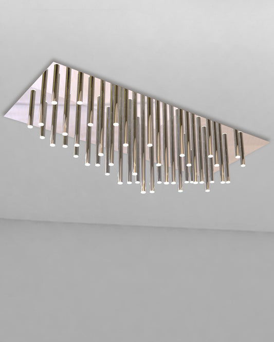 Lámpara de techo moderna rectangular con tubos cromados colgantes para iluminación interior