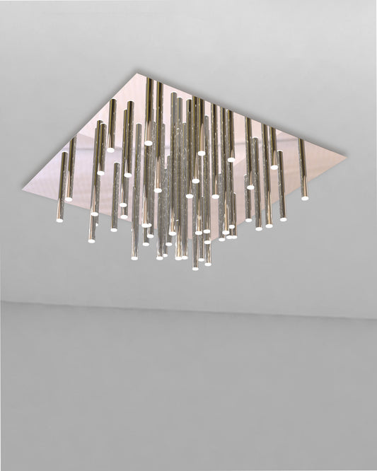 Lámpara de techo moderna cromada con tubos colgantes verticales y luz LED decorativa