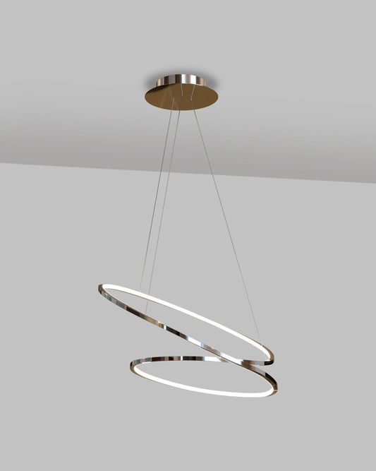 Lámpara colgante moderna LED de dos aros metálicos suspendidos, fondo gris