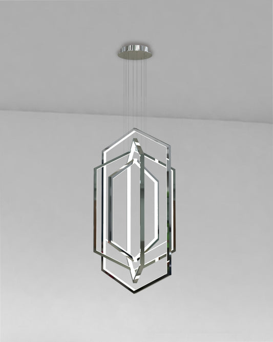 Lámpara colgante moderna de metal cromado con diseño geométrico, iluminación decorativa.
