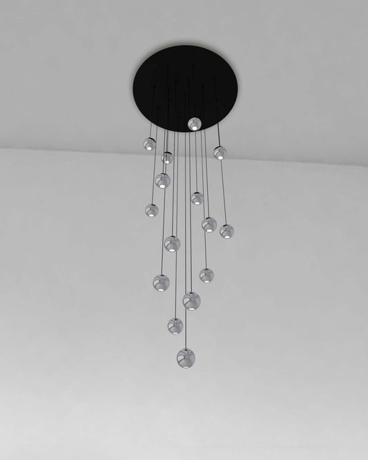 Lámpara colgante minimalista Pin 15 de base circular con 15 esferas en cromo.
