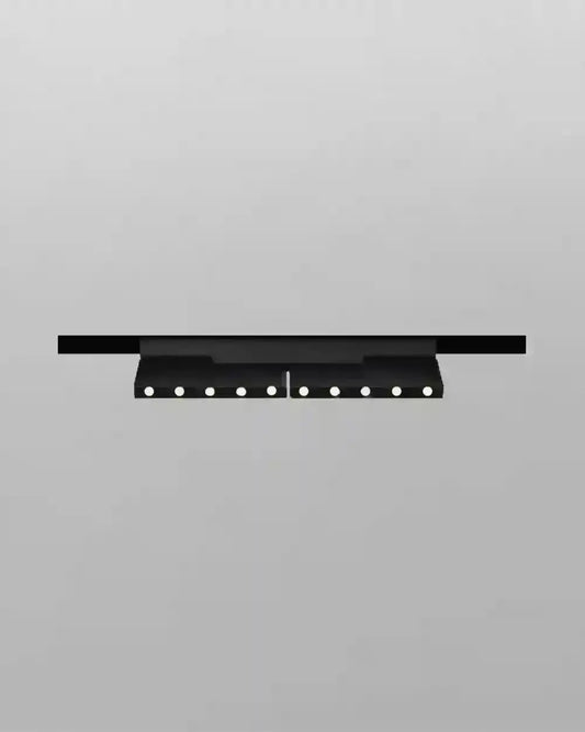 Luminaria lineal negra empotrada con luces LED encendidas, diseño moderno para interiores